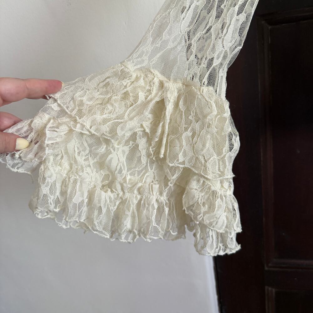Roadkill Cream Lace Romantic Ruffle Front Ruffle Sleeves Blouse Small Victorian - Picture 2 of 5